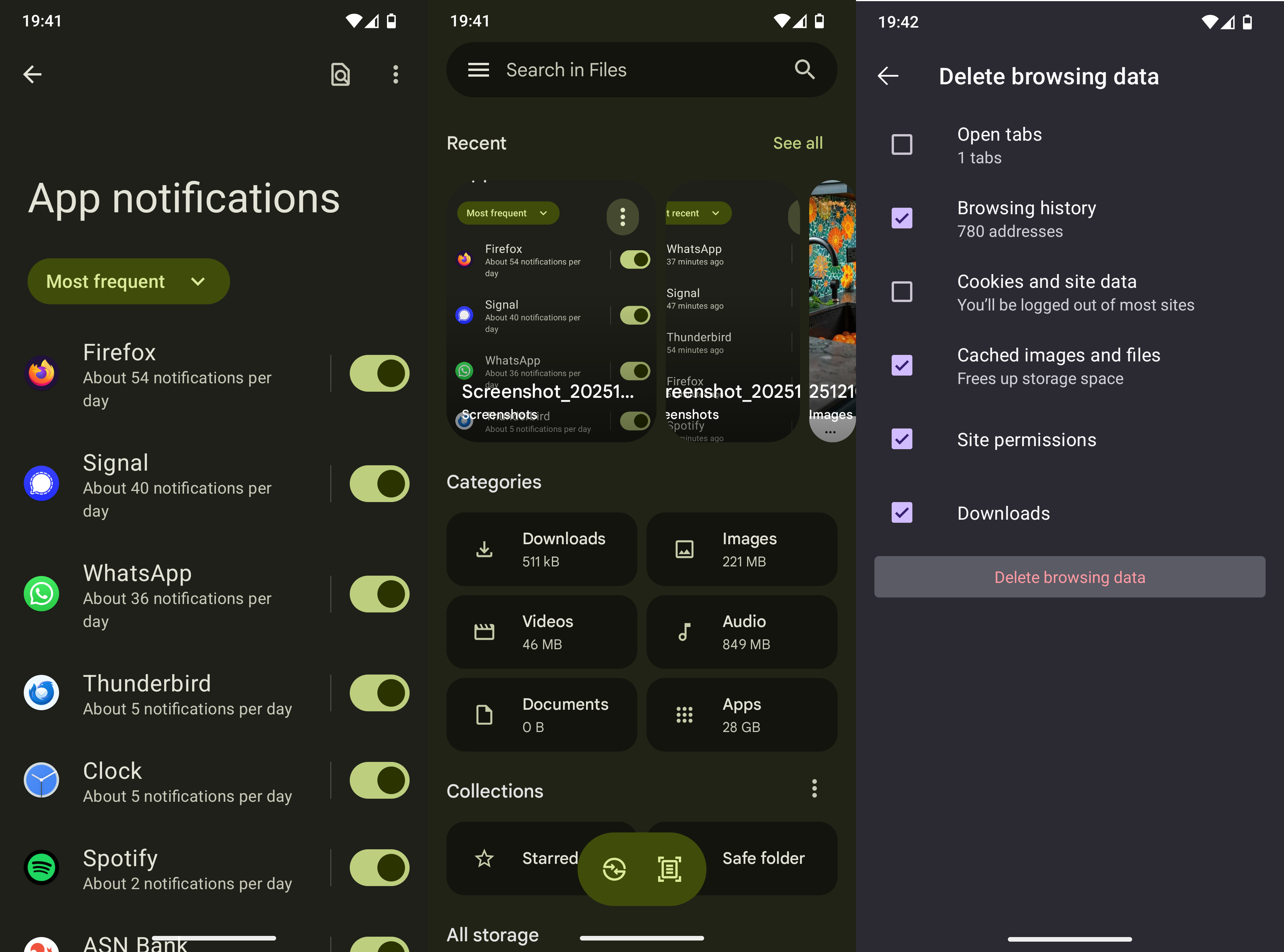 (1) The app notifications screens sorted by notification frequency; (2) The Files app; (3) The screen to delete browsing data.