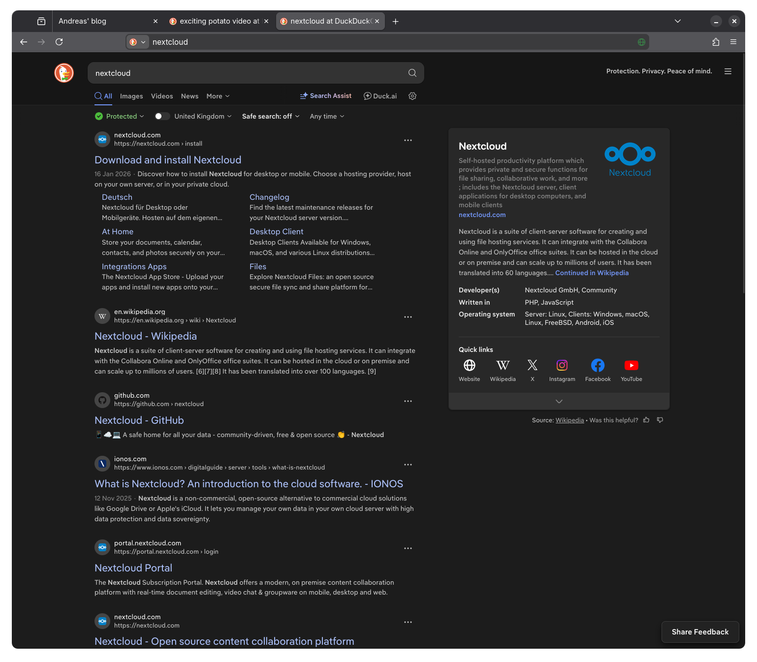 A screenshot of the DuckDuckGo website in Firefox.