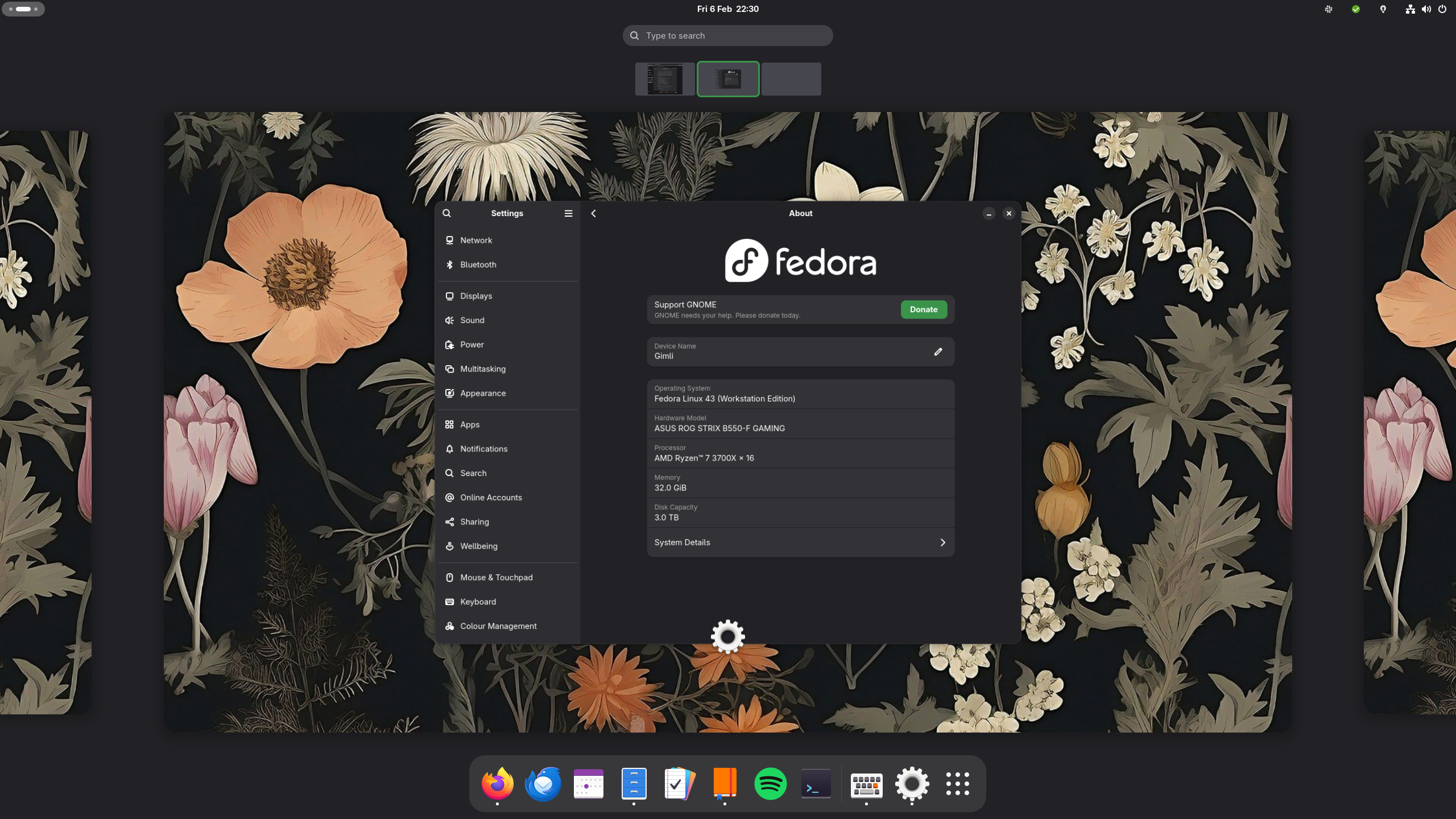 A screenshot of the GNOME 49 desktop environment on Fedora Linux 43.
